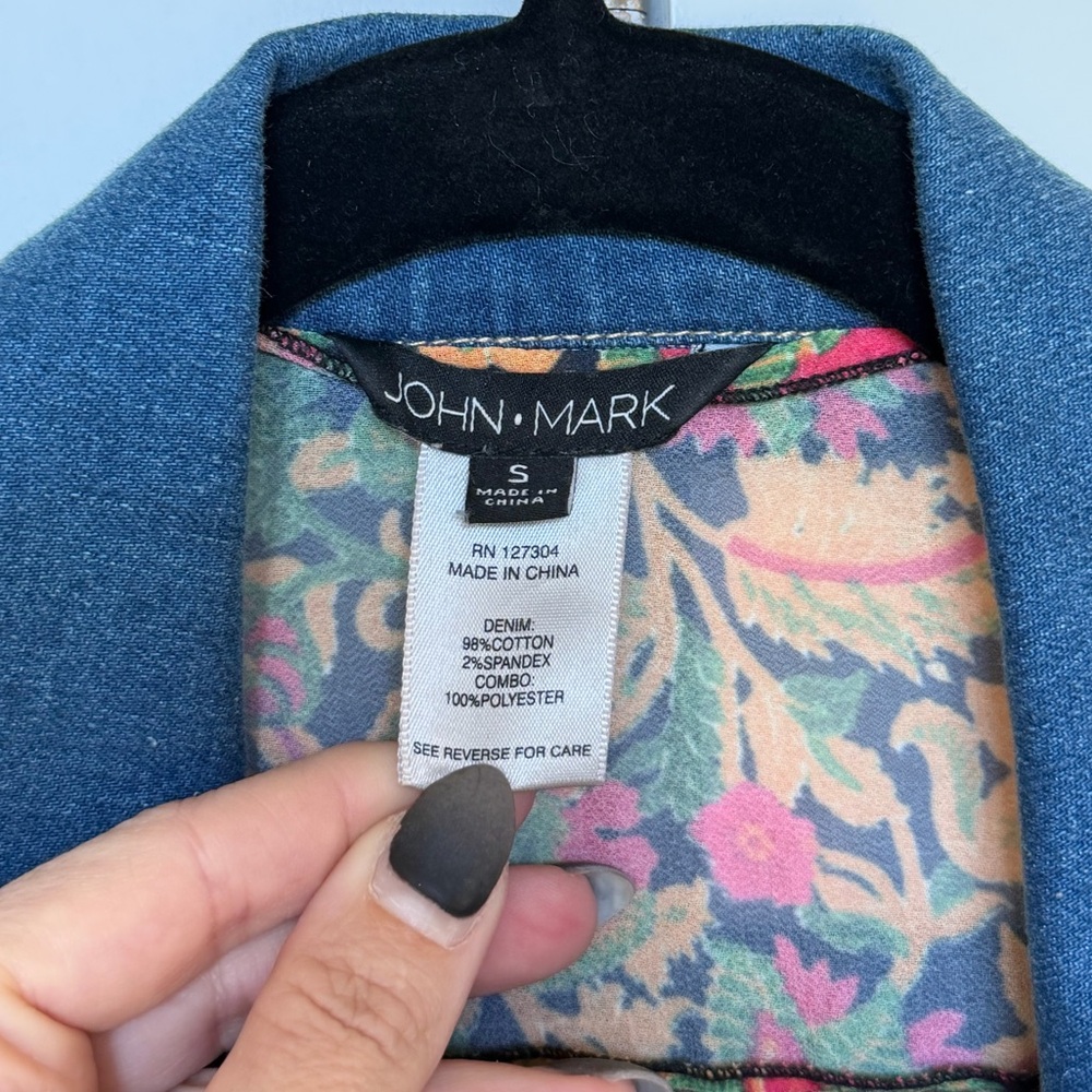 John Mark Point Collar Multi Print Patch Denim Ja… - image 10